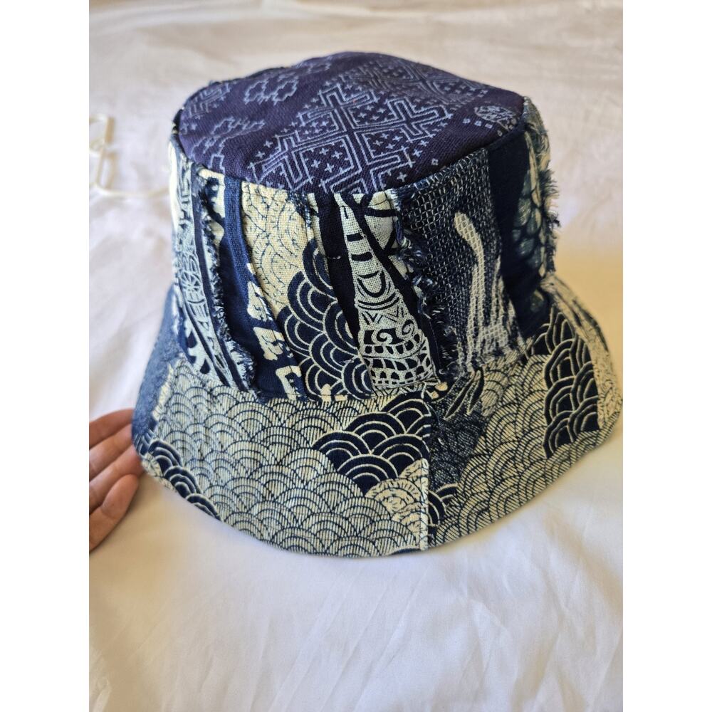 Sashiko Bucket Hat Y2K Indie Patchwork Bucket Hat Boho Festival Artsy Blue Asian - Picture 3 of 5